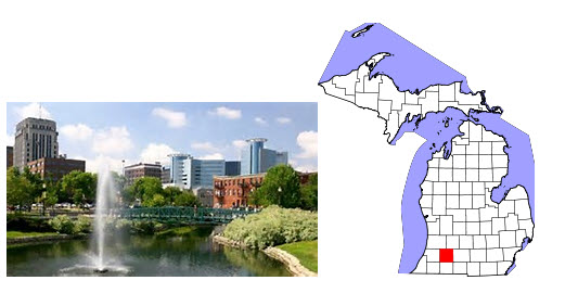 A city skyline with a fountain and greenery, alongside a map of Michigan highlighting a specific area in red.